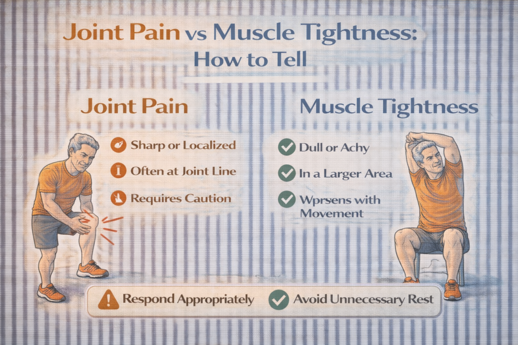 Joint pain vs muscle tightness infographic showing an older man with knee joint pain compared with muscle tightness that improves with movement