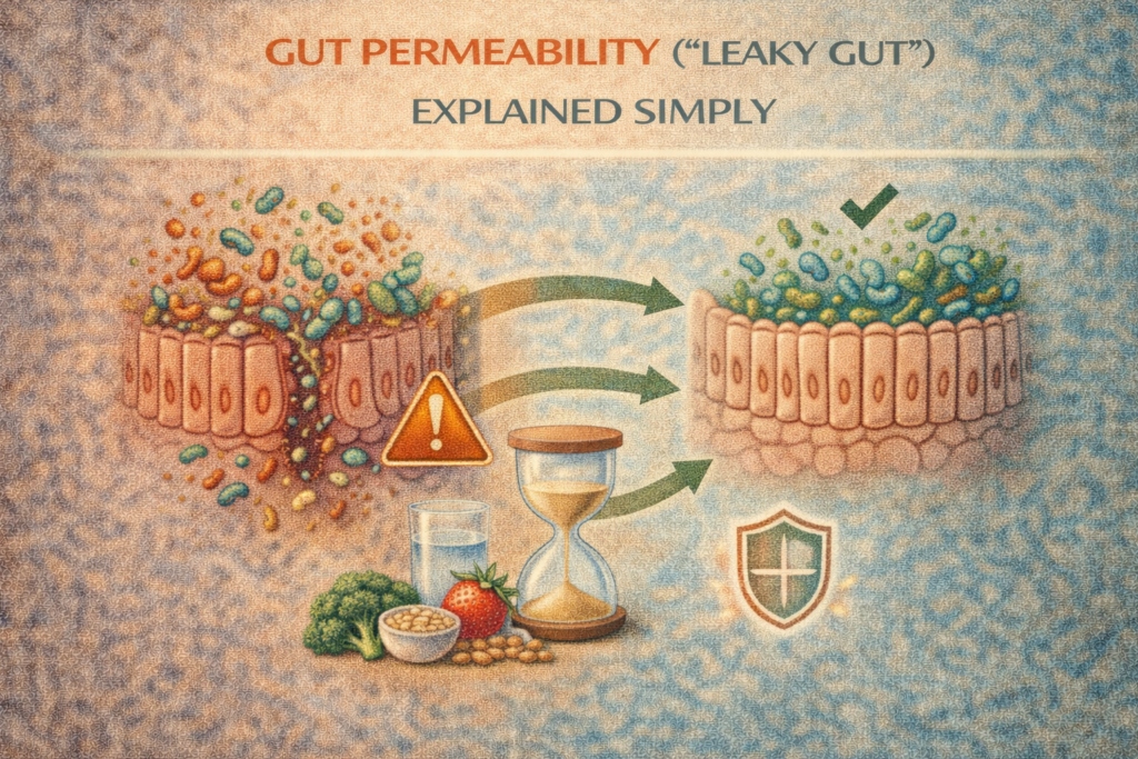 Gut permeability illustration comparing a leaky gut barrier with a healthy, intact intestinal lining to explain gut barrier function