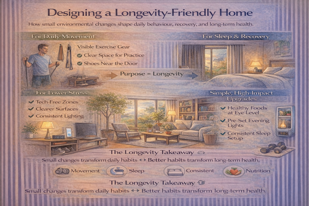 Longevity-friendly home design infographic showing how small home environment changes support daily movement, better sleep, lower stress, and long-term health.