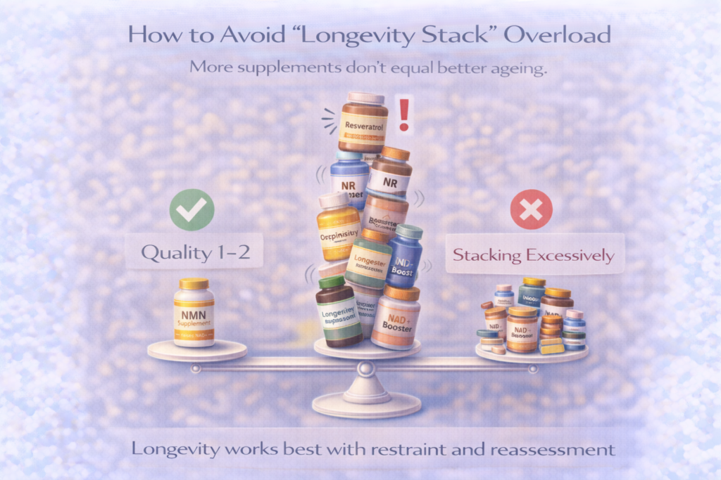 Light clinical infographic showing a precarious stack of supplement bottles on a balance scale, contrasting a simple approach using one or two quality supplements with excessive longevity stacking, illustrating that more supplements do not equal better ageing.