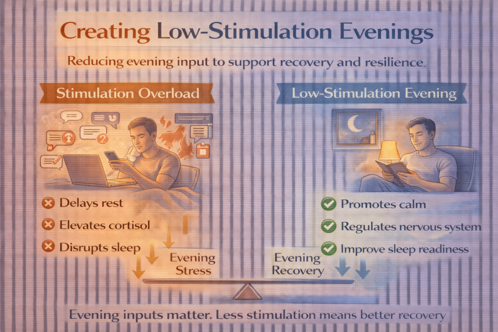 Low-stimulation evenings infographic comparing evening overstimulation with calm activities that support nervous system recovery and better sleep readiness