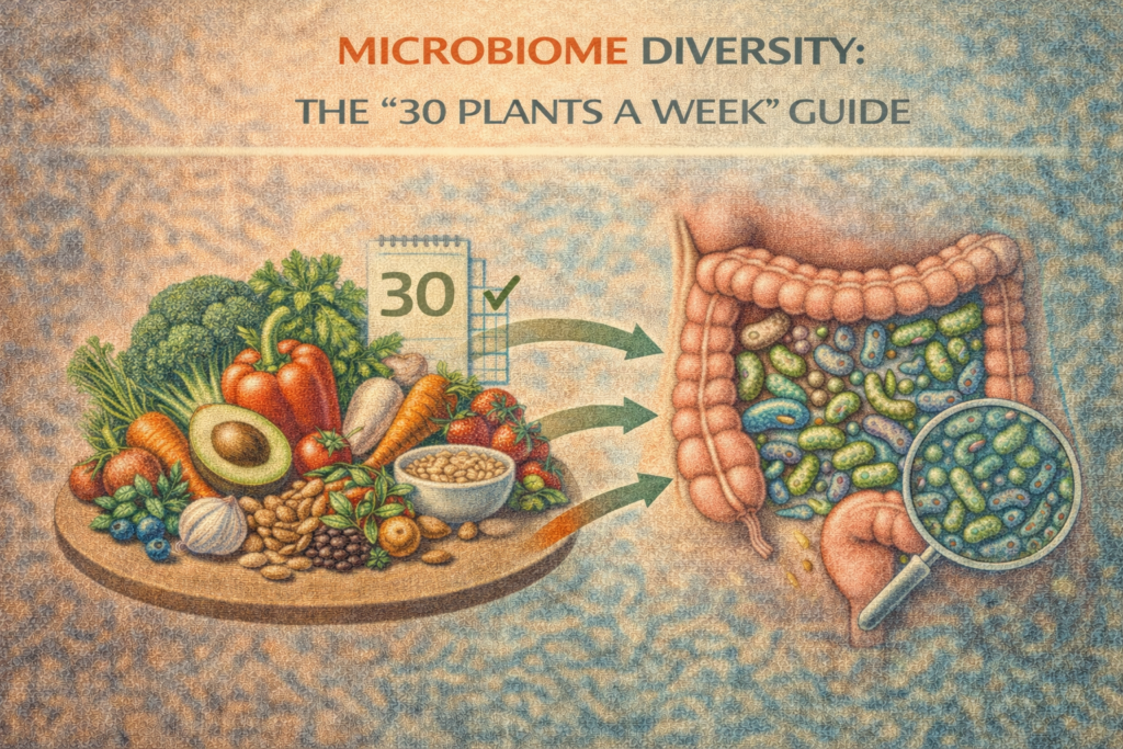 Microbiome diversity illustration showing a wide variety of plant foods feeding beneficial gut bacteria, representing the 30 plants a week approach