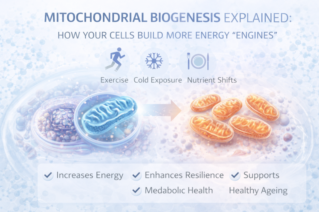 Light clinical infographic showing mitochondria multiplying inside a cell, illustrating mitochondrial biogenesis and how cells increase energy-producing capacity for healthy ageing.