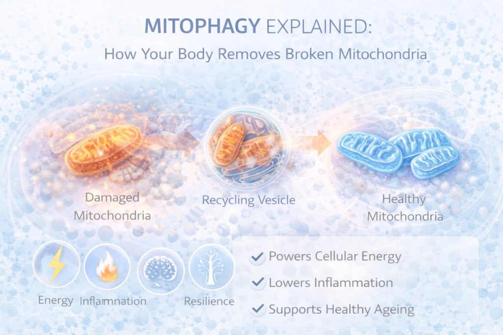 Light clinical infographic showing damaged mitochondria being enclosed in a recycling vesicle and replaced with healthy mitochondria, illustrating mitophagy and cellular energy renewal in ageing.