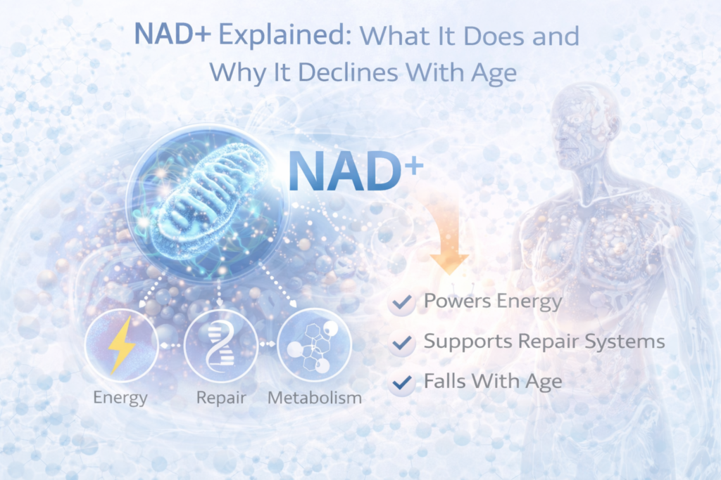 Light clinical infographic showing the NAD+ molecule linked to energy production, cellular repair and metabolism, alongside a visual of declining NAD+ with age affecting overall cellular function.