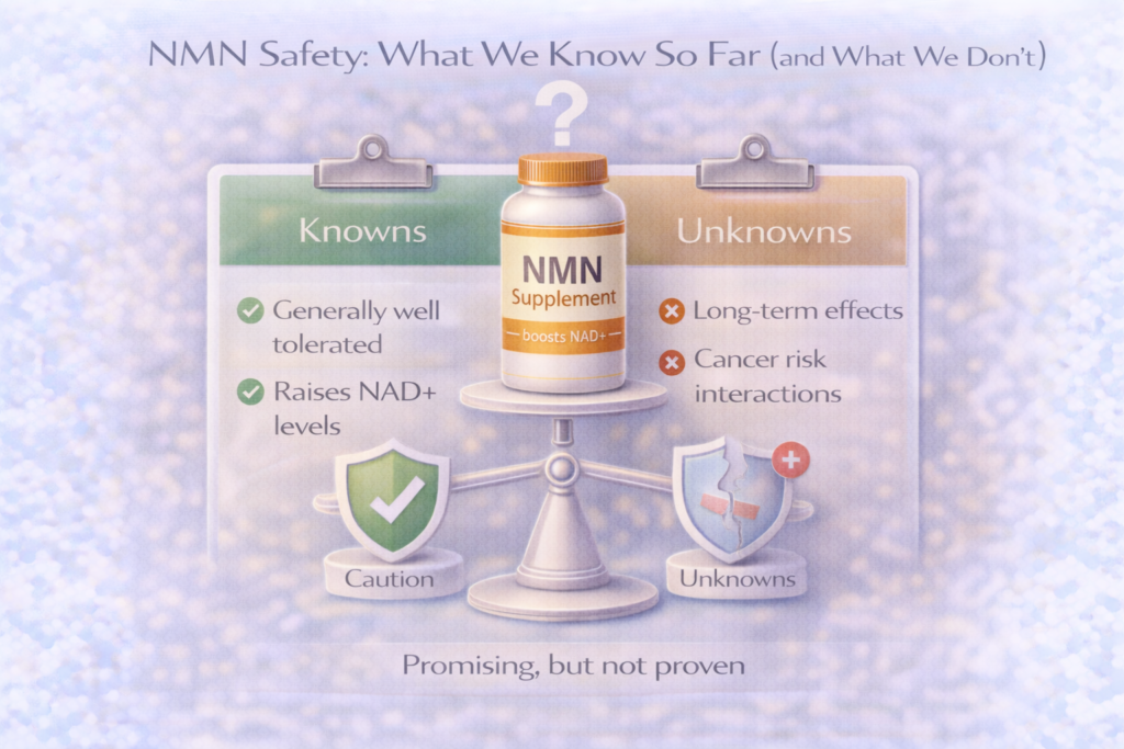 Light clinical infographic showing an NMN supplement bottle balanced on a scale between two panels labelled “Knowns” and “Unknowns,” illustrating that NMN is generally well tolerated and raises NAD+ levels, but long-term safety and cancer risk interactions remain uncertain.