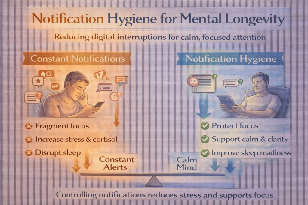 Notification hygiene infographic comparing constant notifications with a calm, focused phone setup to support mental clarity and long-term cognitive health