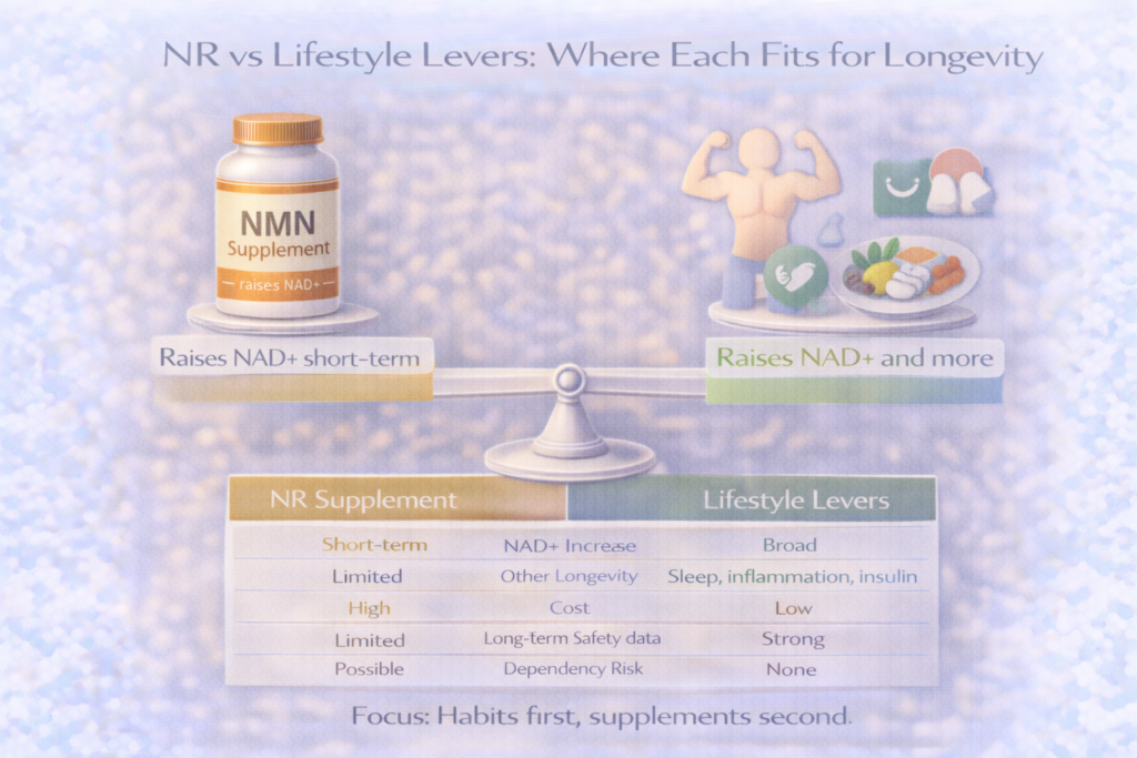 Light clinical infographic comparing an NR supplement with lifestyle levers on a balance scale, showing that NR raises NAD+ short term while lifestyle habits like exercise, sleep, nutrition and stress management raise NAD+ and support broader long-term longevity benefits.