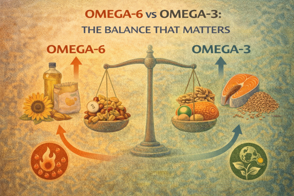 Omega-6 vs omega-3 illustration showing balanced scale with omega-6 foods on one side and omega-3 foods on the other, highlighting inflammation balance