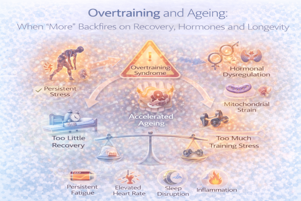 Light clinical infographic showing overtraining syndrome leading to hormonal dysregulation, mitochondrial strain and accelerated ageing, with balance scales illustrating too much training stress versus too little recovery, and icons for fatigue, elevated heart rate, poor sleep and inflammation.