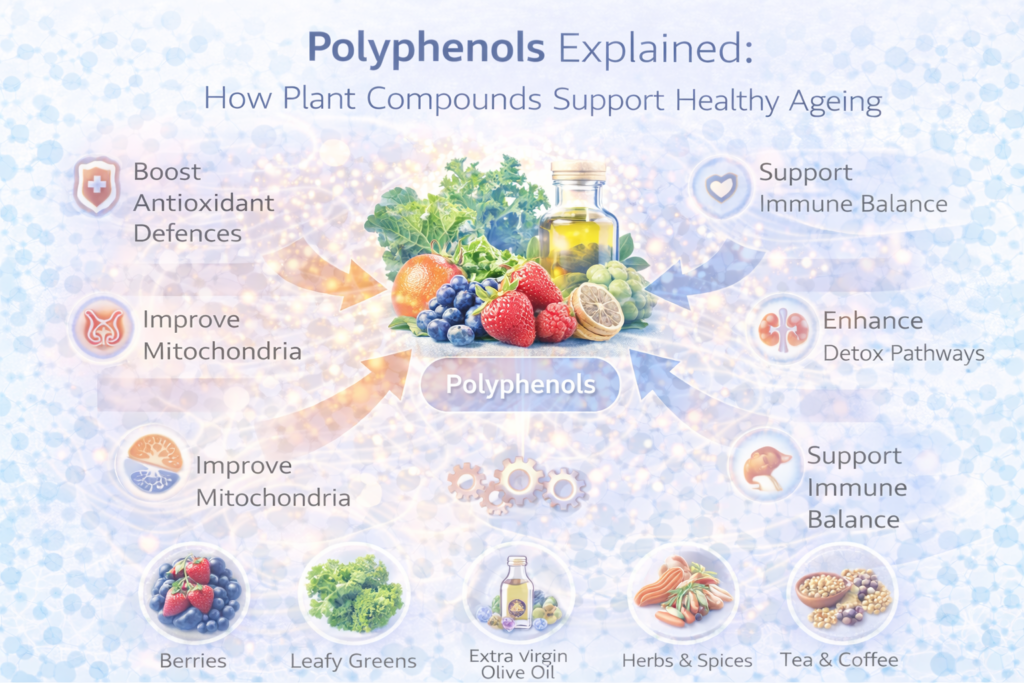 Light clinical infographic showing berries, leafy greens and olive oil around the word “Polyphenols,” with icons for antioxidant defence, mitochondrial support, detox pathways and immune balance, illustrating how plant compounds support healthy ageing.