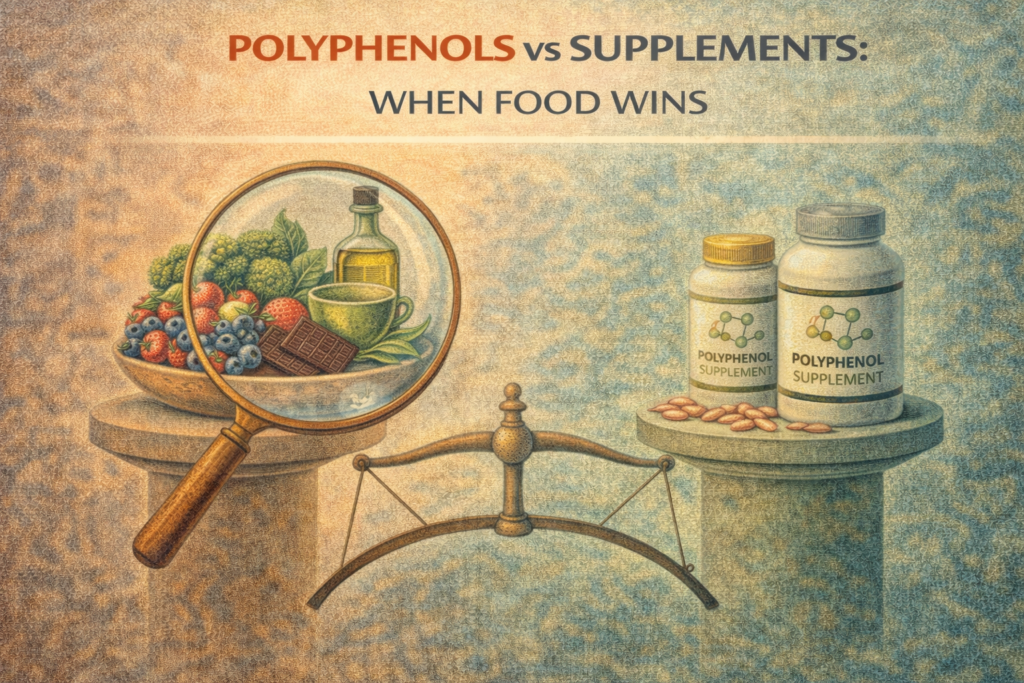 Polyphenols vs supplements illustration showing polyphenol-rich whole foods balanced against supplement bottles, with scale favouring food