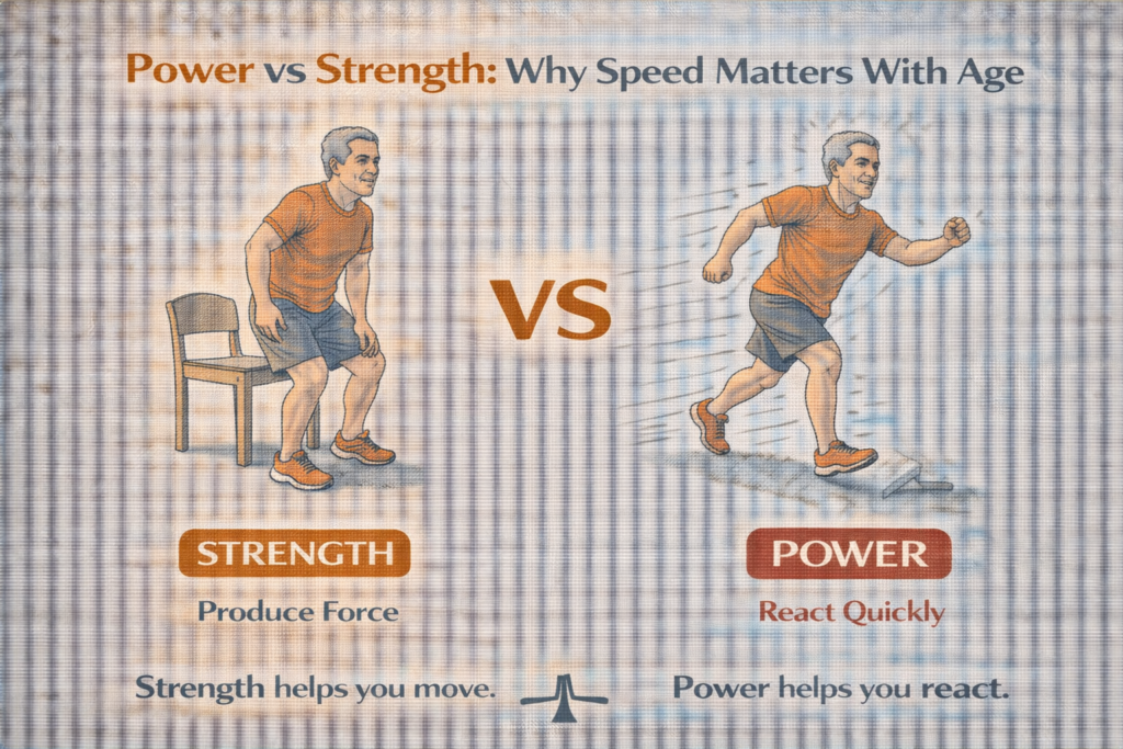 Power versus strength illustration showing a man standing from a chair compared with reacting quickly to regain balance, highlighting why speed matters with age