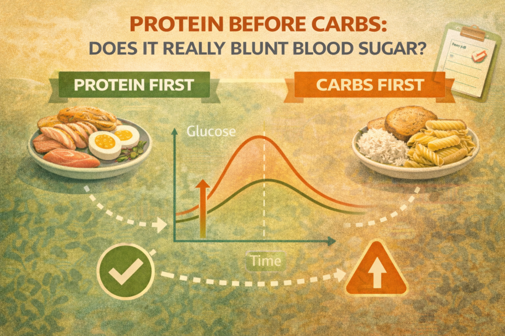 Protein before carbs illustration comparing protein-first and carbs-first meals with different blood glucose curves