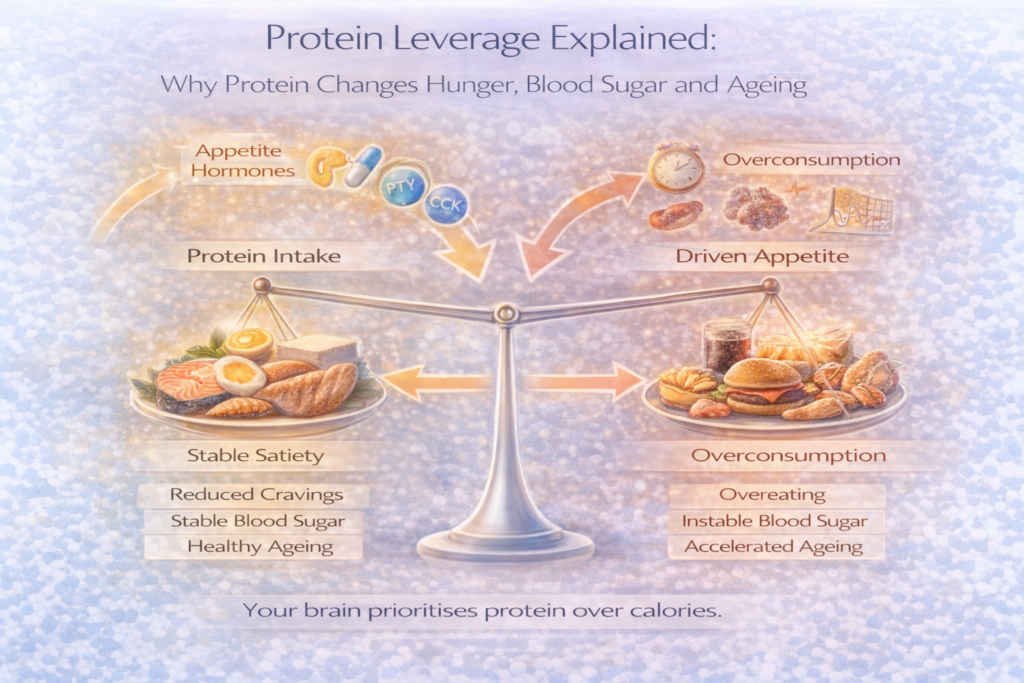 Light clinical infographic illustrating protein leverage, showing a balance scale with whole protein foods on one side driving stable satiety, reduced cravings and stable blood sugar, and ultra-processed foods on the other side driving overeating, unstable blood sugar and accelerated ageing.
