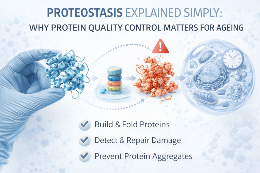 Clean medical-style infographic showing protein folding, damaged protein aggregates and cellular quality control pathways, illustrating proteostasis and protein repair in ageing.