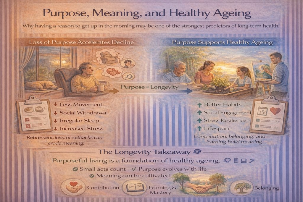 Purpose, meaning, and healthy ageing infographic showing how having a sense of purpose supports better habits, social engagement, stress resilience, and longer lifespan