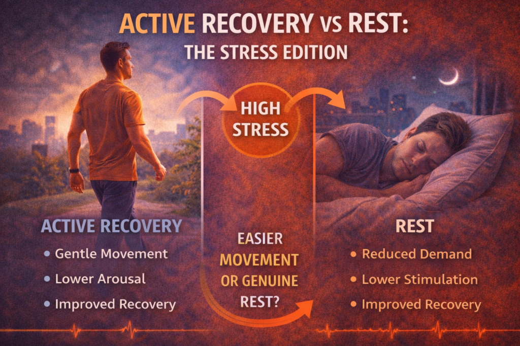 Split infographic comparing active recovery and rest during high stress, showing a man walking outdoors on one side and a man sleeping in bed on the other.