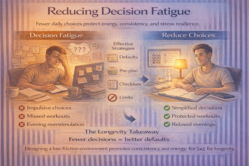 Reducing decision fatigue infographic showing how fewer daily choices preserve energy, reduce stress, and support consistent healthy habits