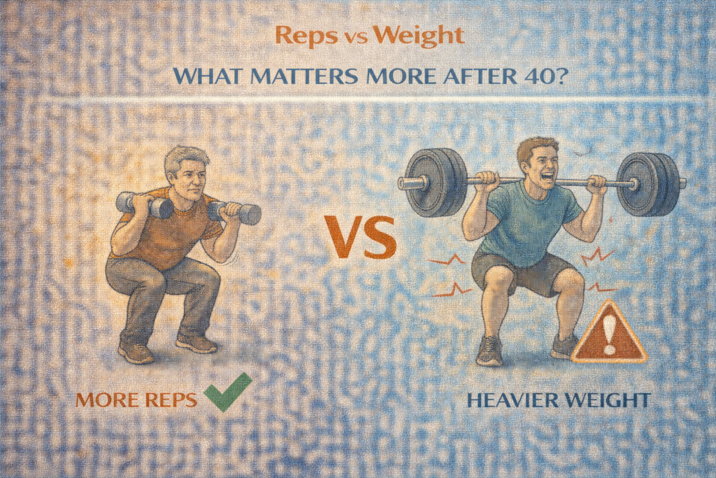 Reps versus weight illustration comparing higher repetitions with lighter weights and heavier lifting to show what matters more after age 40