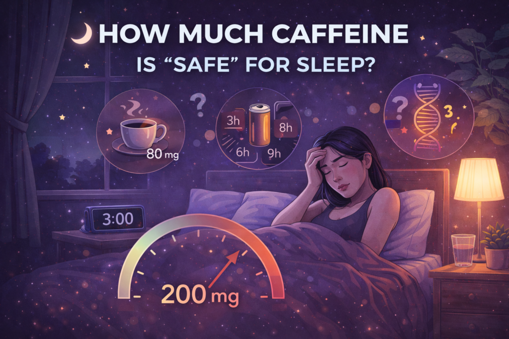 Caffeine and sleep illustration showing coffee cup, clock and tired person at night highlighting timing and sleep disruption