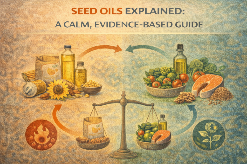 Seed oils explained illustration comparing processed seed oils with whole foods and healthier fats to show balance and inflammation context