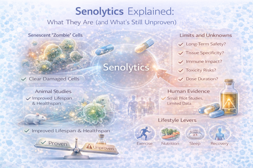 Light clinical infographic illustrating senolytics targeting senescent “zombie” cells, with visual sections showing animal evidence, limited human data, safety uncertainties, and lifestyle levers such as exercise, nutrition, sleep and recovery.