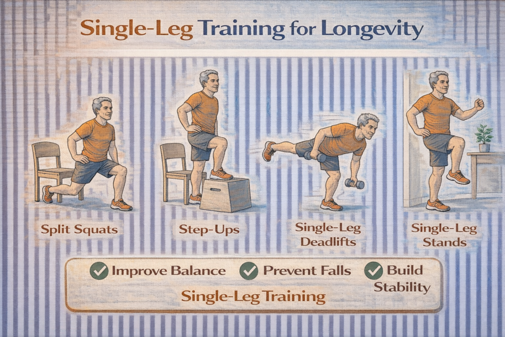 Single-leg training for longevity illustration showing split squats, step-ups, single-leg deadlifts, and single-leg stands to improve balance and prevent falls