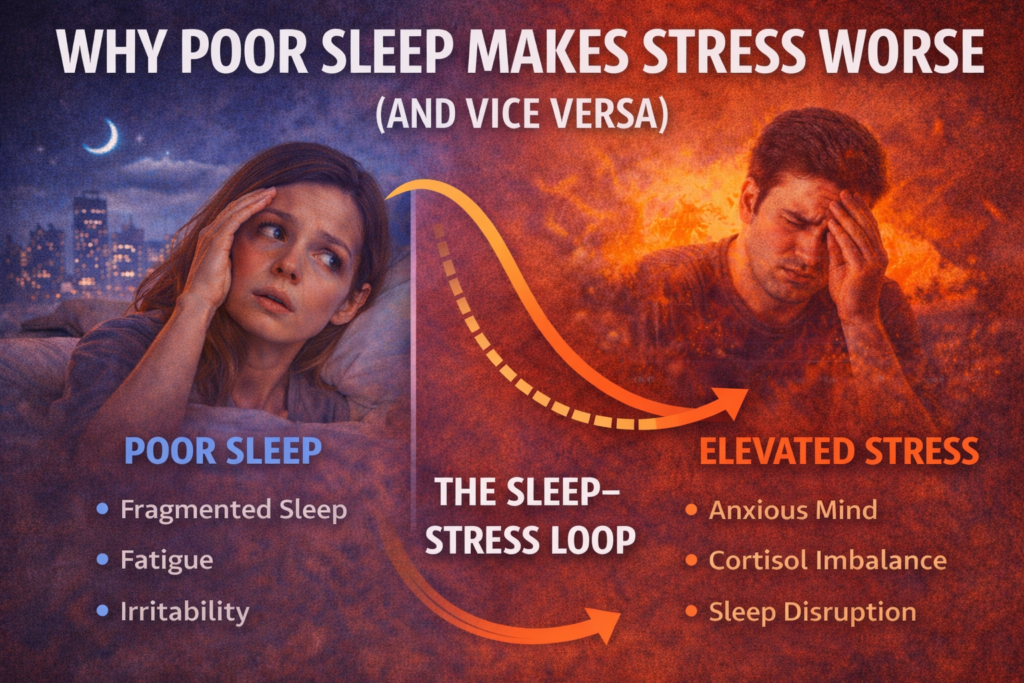 Split infographic showing a woman struggling to sleep at night and a stressed man during the day, connected by arrows illustrating the sleep–stress feedback loop.