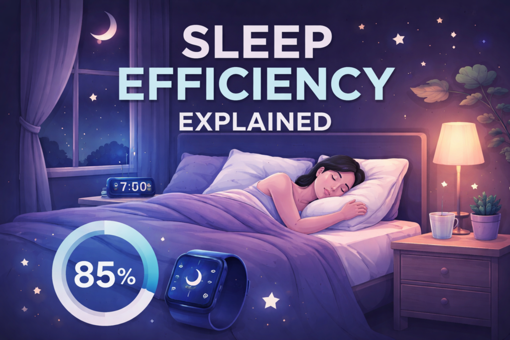 Sleep efficiency explained with calm night bedroom scene, smartwatch sleep score and soft blue tones