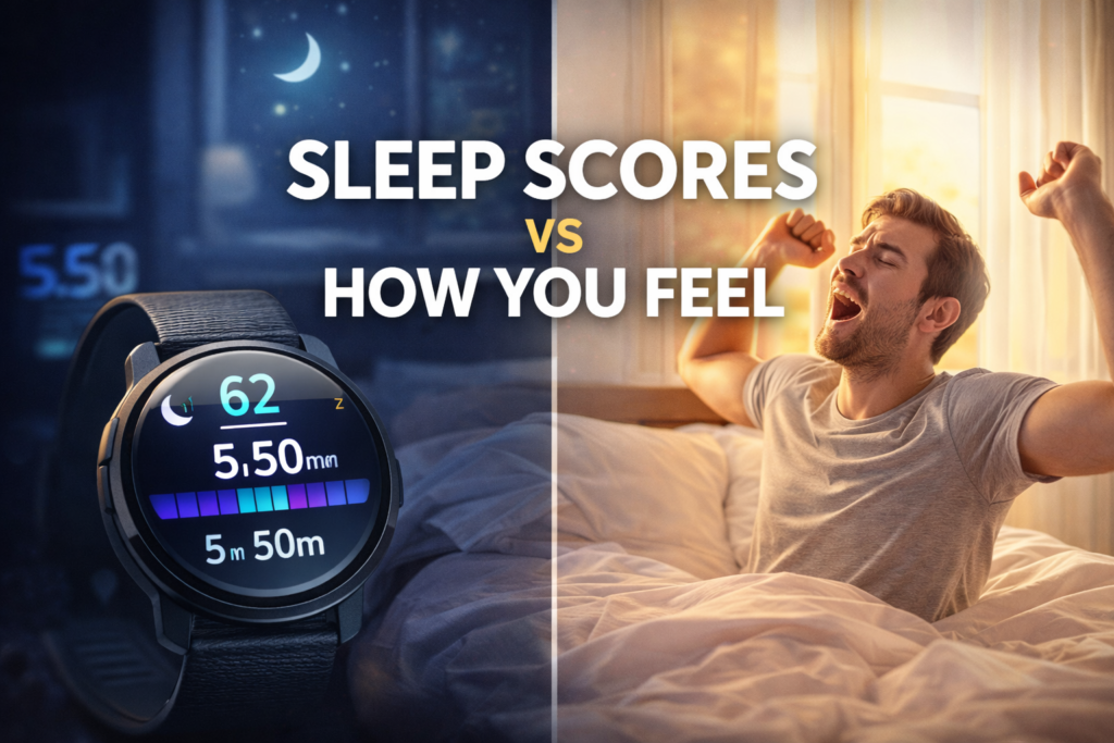 Split image showing a smartwatch with a low sleep score at night contrasted with a person waking up refreshed in sunlight, illustrating sleep scores versus how you feel.