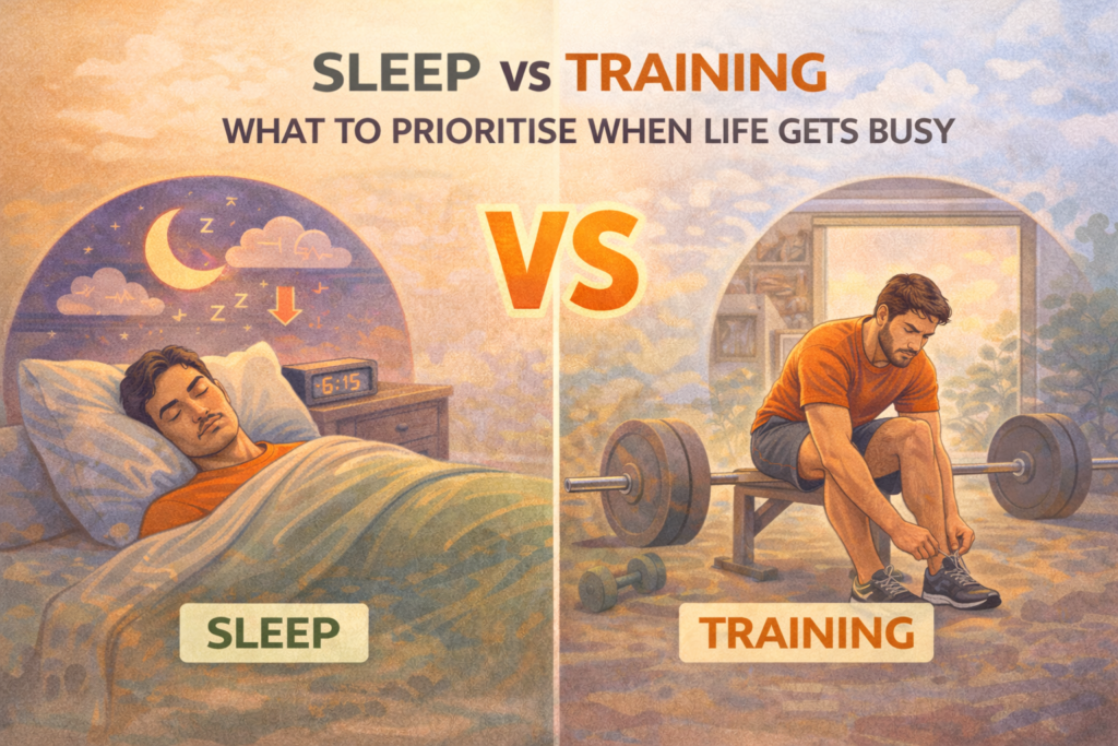 Sleep vs training illustration showing split scene of a man sleeping peacefully on one side and preparing to train in a gym on the other