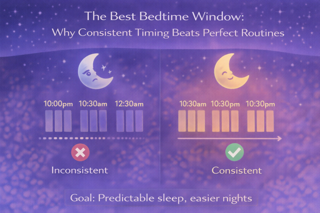 Sleep-themed infographic comparing erratic bedtimes with a consistent bedtime window, showing that regular sleep timing leads to easier sleep onset and more restful nights.