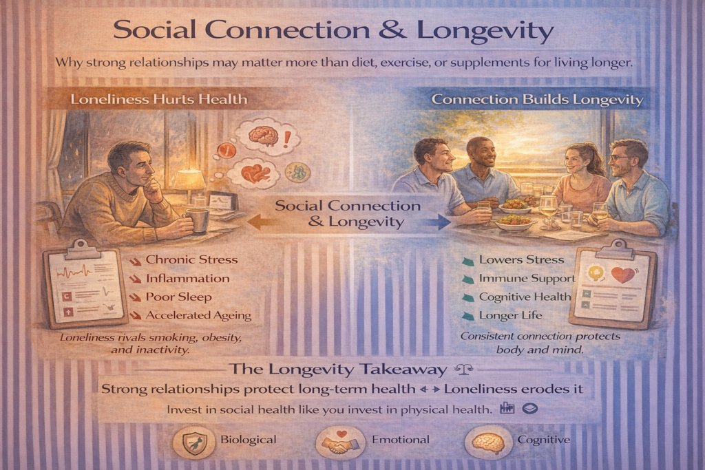 Social connection and longevity infographic showing how strong relationships reduce stress, support health, and extend lifespan compared with social isolation