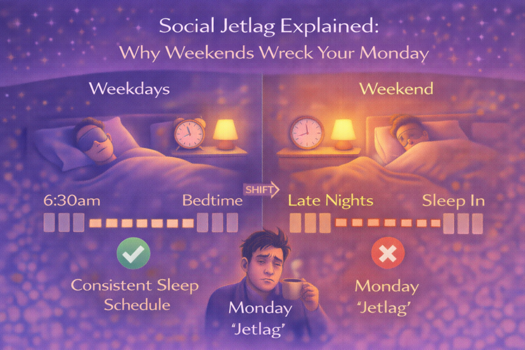 An educational sleep infographic titled “Social Jetlag Explained.” The image shows a comparison between consistent weekday sleep timing and delayed weekend bedtimes and wake times, illustrating how shifting schedules disrupt circadian rhythm and lead to Monday fatigue, poorer sleep quality, and reduced recovery.