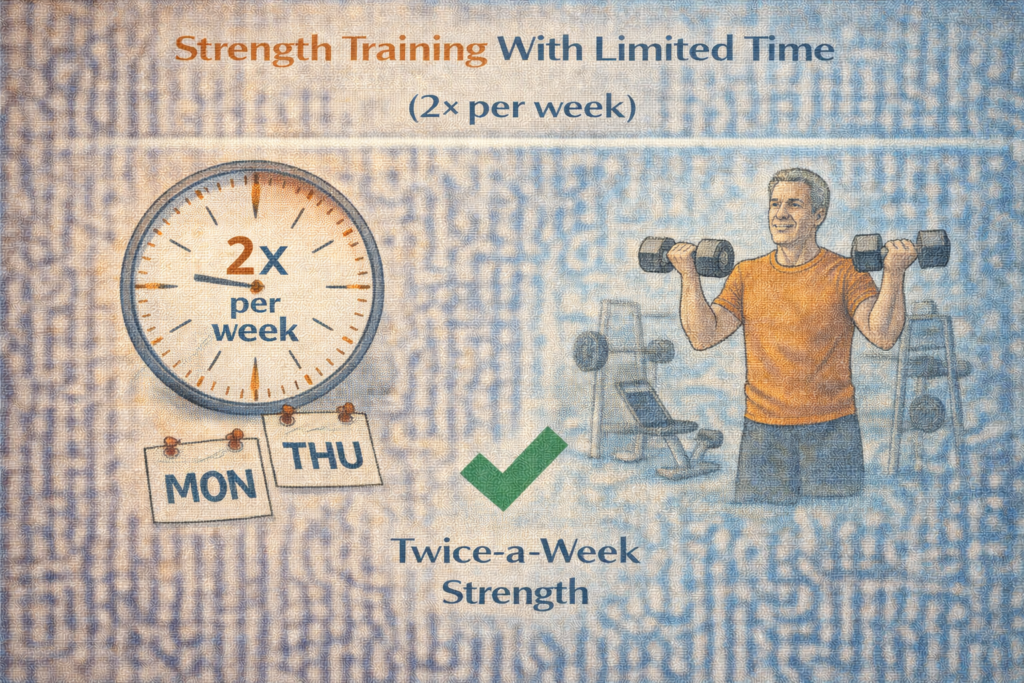 Strength training with limited time illustration showing a twice-per-week workout schedule alongside effective full-body strength exercises.