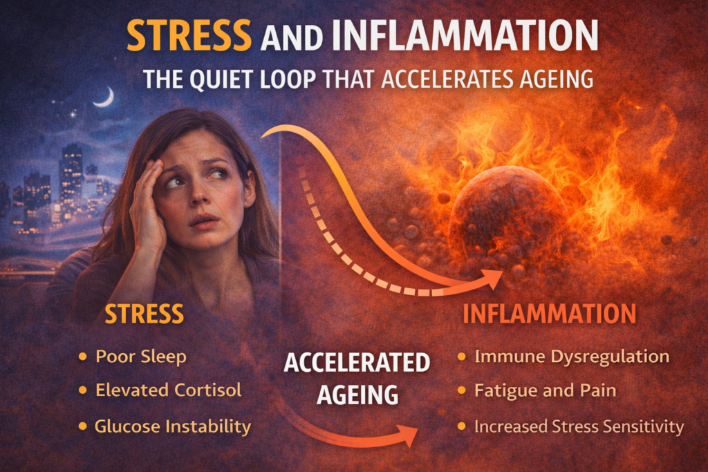 Graphic showing a stressed person on one side and an inflamed cell on the other, connected by arrows illustrating the stress and inflammation loop that accelerates ageing.