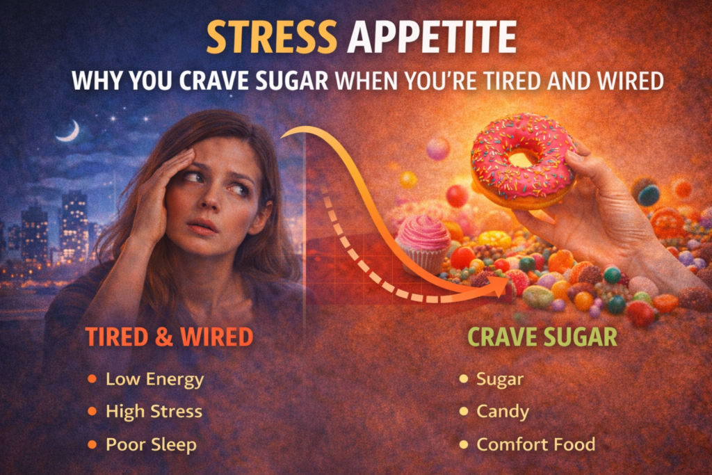 Illustration showing a stressed person craving sugary foods with a tired-and-wired nervous system graphic, explaining stress appetite and sugar cravings during fatigue.