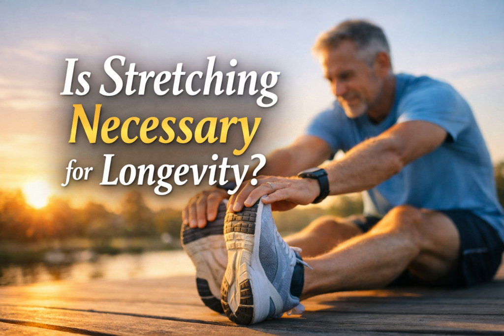 Middle-aged man stretching hamstrings outdoors at sunrise with text reading ‘Is Stretching Necessary for Longevity?