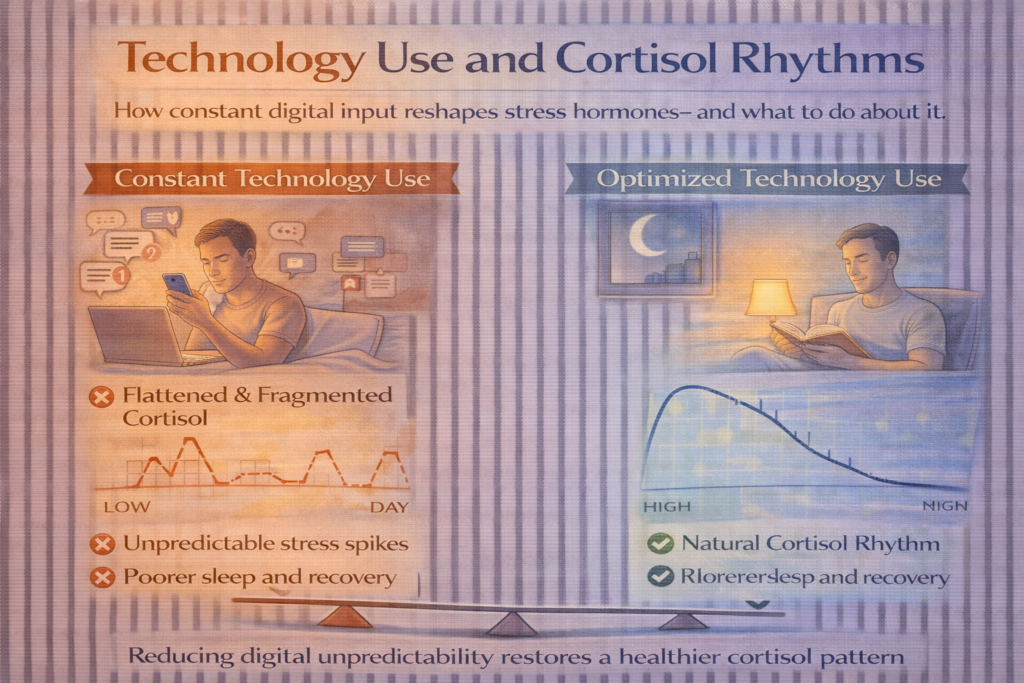 Technology use and cortisol rhythms infographic comparing constant digital stimulation with calmer technology habits that support healthy stress hormone rhythms