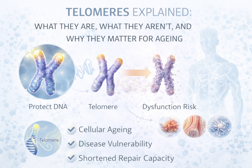 Light clinical infographic showing healthy and shortened telomeres on chromosomes, illustrating how telomere shortening reduces DNA protection, increases cellular ageing and raises disease risk.