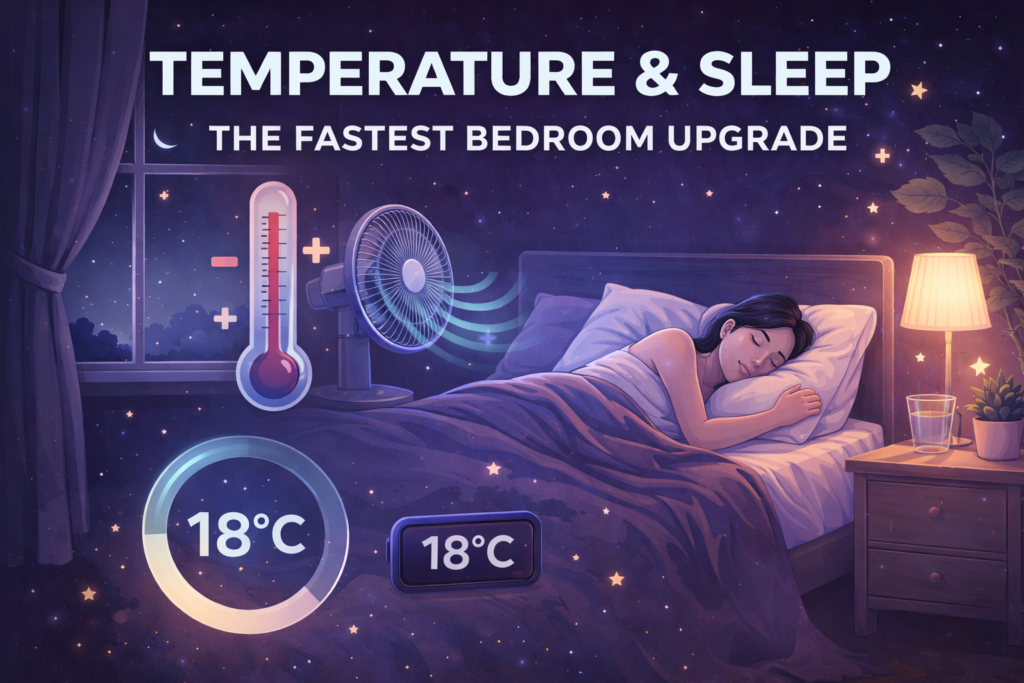 Cool bedroom temperature for sleep with sleeping person, thermometer and fan showing 18°C optimal sleep environment