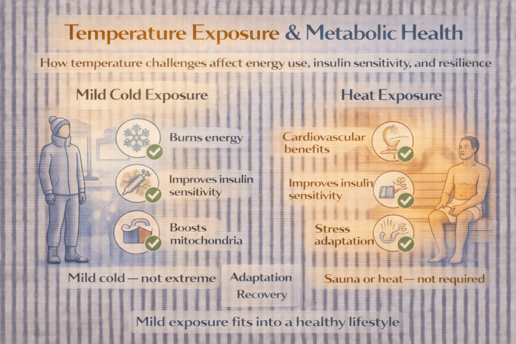 Temperature exposure and metabolic health infographic comparing mild cold exposure and heat exposure, showing benefits for insulin sensitivity, energy use, and stress adaptation