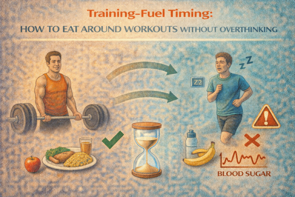 Training fuel timing illustration showing strength and cardio workouts balanced with simple meals and an hourglass to represent timing without overthinking.