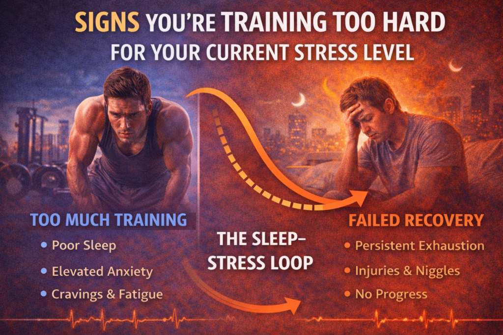 Infographic showing an exhausted man in a gym and a stressed man struggling to recover at night, illustrating signs you’re training too hard for your current stress level.