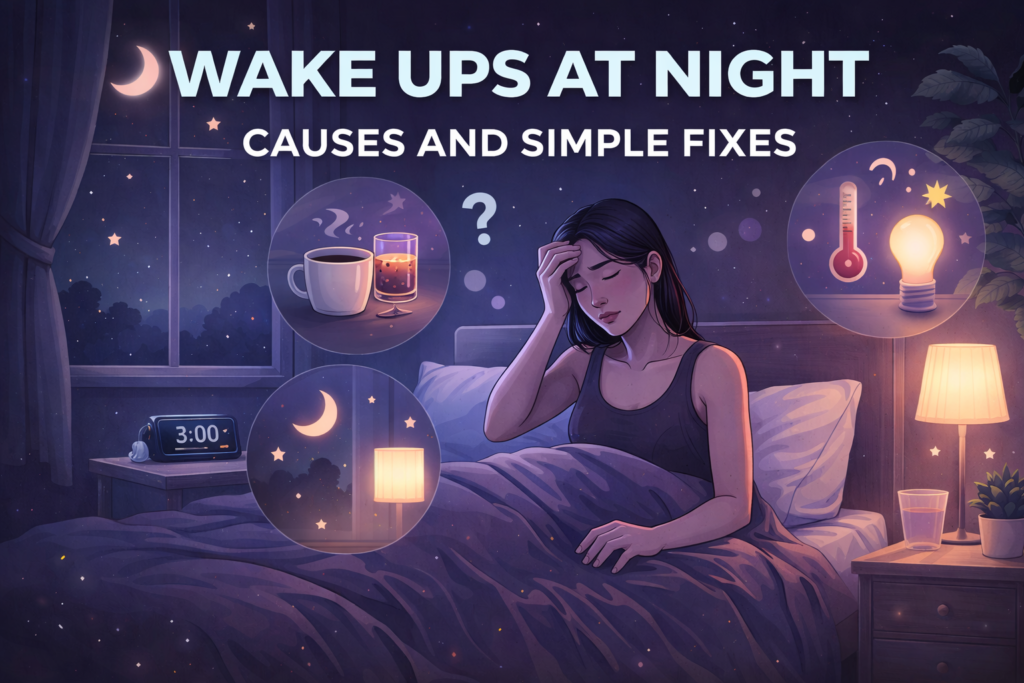 Woman awake in bed at night with icons showing common causes of sleep disruptions, including light, temperature, caffeine and alcohol
