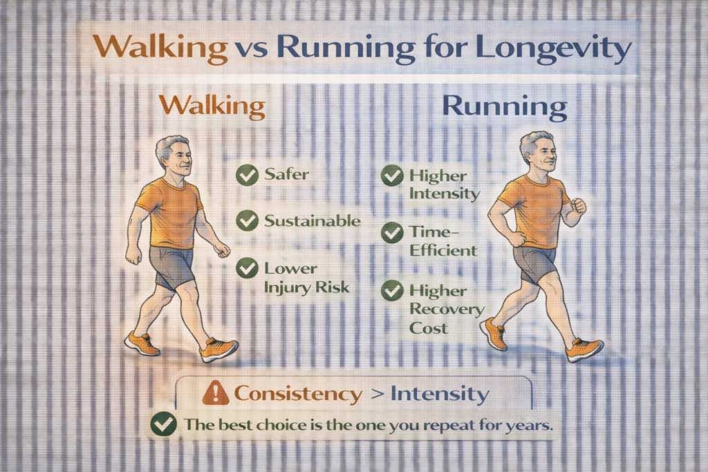 Walking vs running for longevity infographic comparing the benefits, risks, and sustainability of walking and running for long-term health