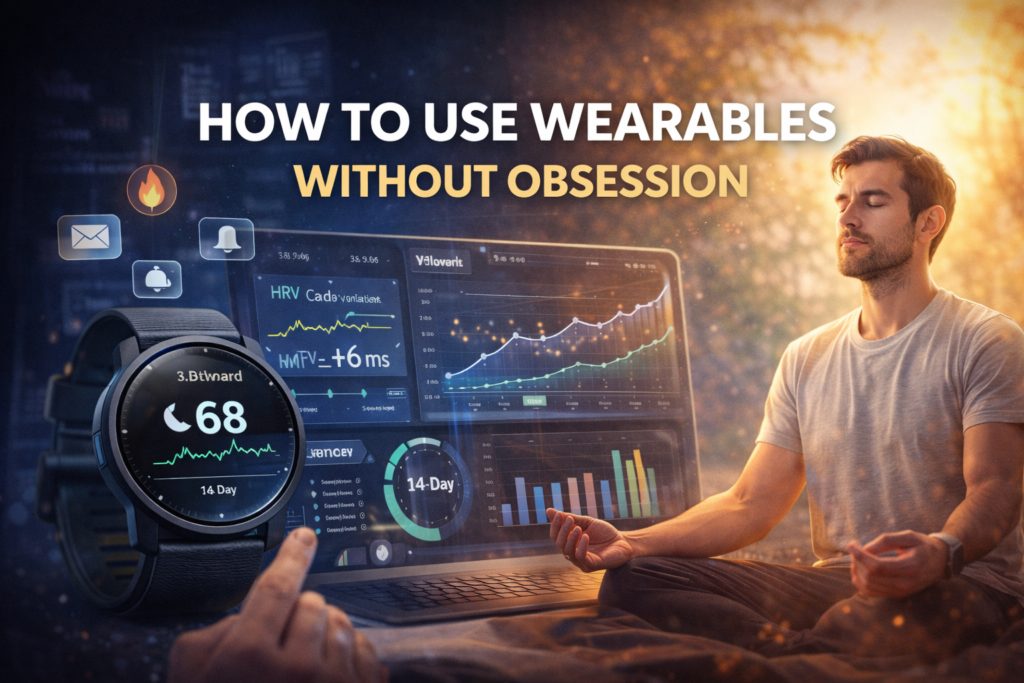 Person meditating beside a smartwatch and health dashboard with HRV data and notification icons, illustrating how to use wearables without obsession.