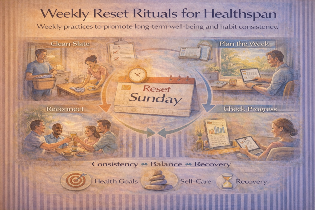 Weekly reset ritual infographic showing a calm planning session that restores routine, reduces stress, and supports long-term healthspan
