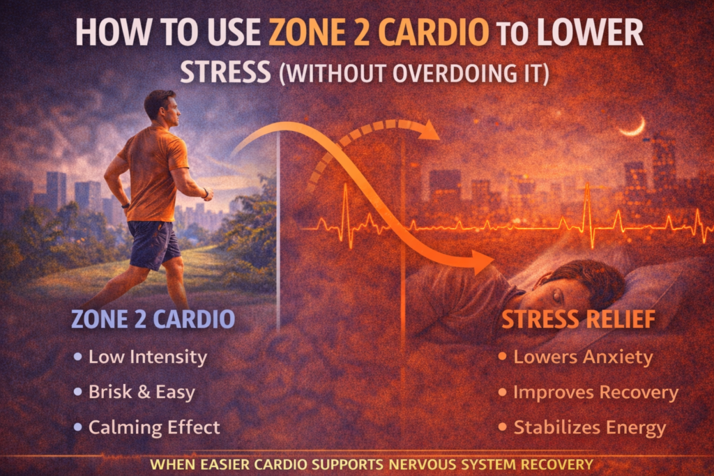 Split infographic showing a man walking outdoors for Zone 2 cardio on one side and a relaxed person resting on the other, illustrating how low-intensity cardio lowers stress without overdoing it.